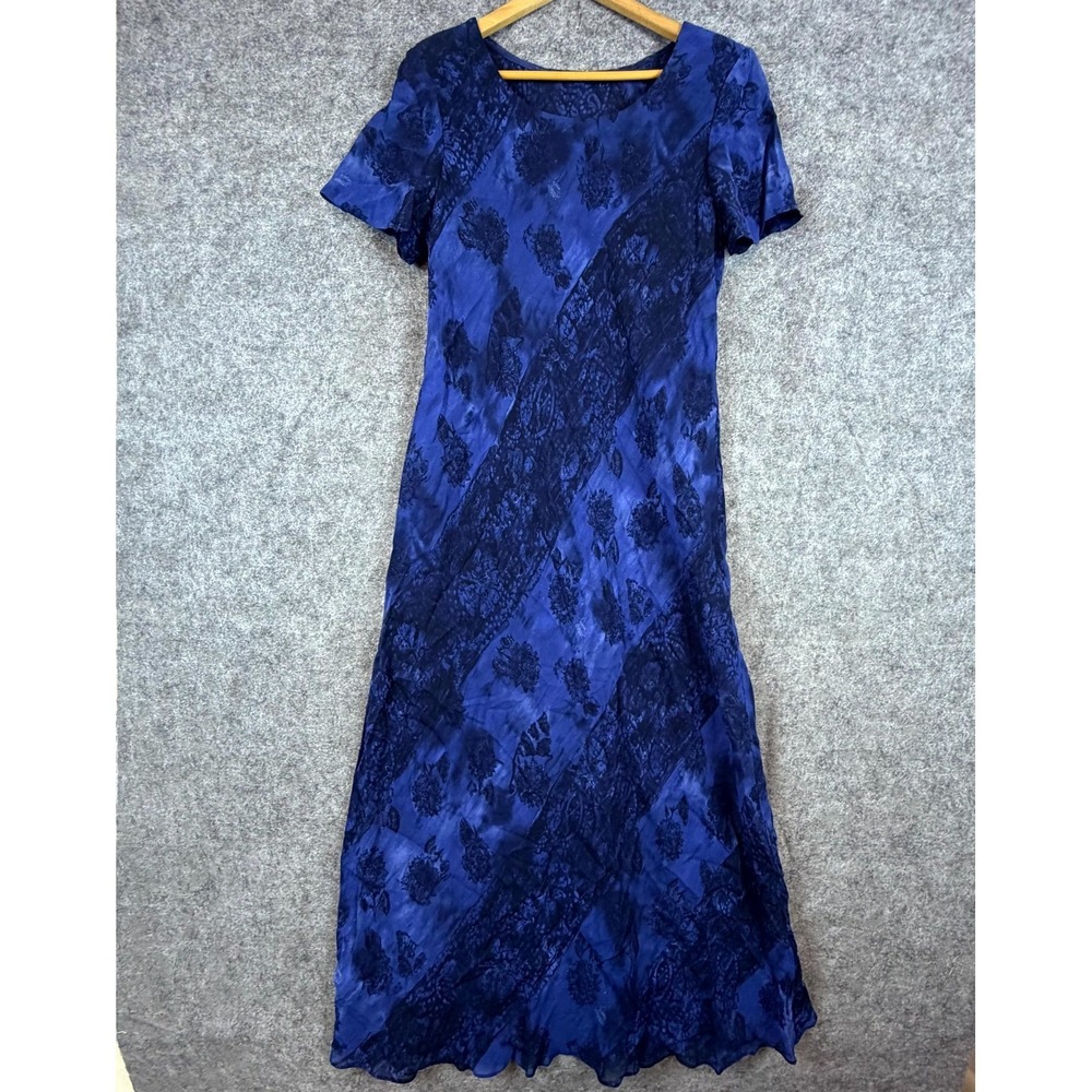 Vintage Womens Maxi Dress Small Blue Floral 90s Secretary Office Chic Monochrome